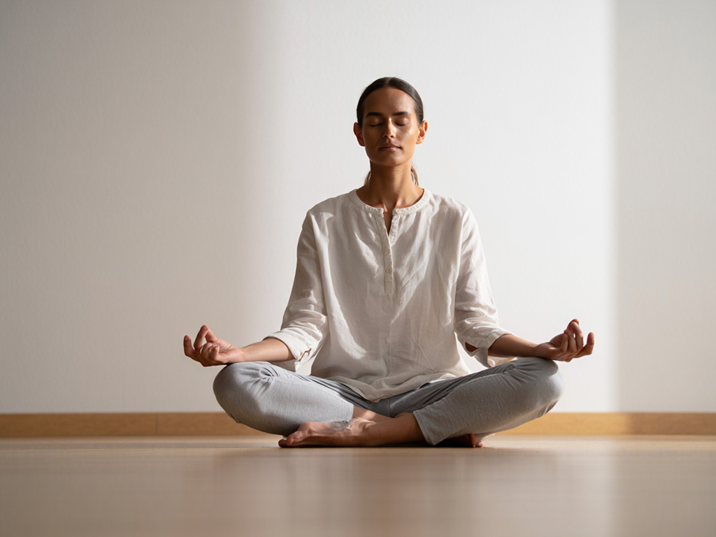 Persoon die een pranayama oefening demonstreert in lotushouding